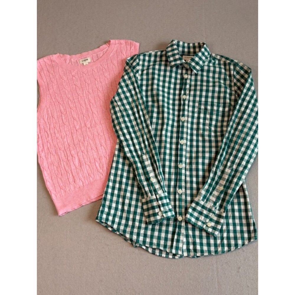 J Crew Lot Preppy Womens XXS/S Pink Sweater Vest Green Gingham Button Down